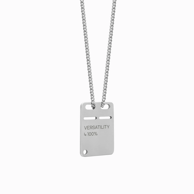 Steel tag "Versatility 100%"